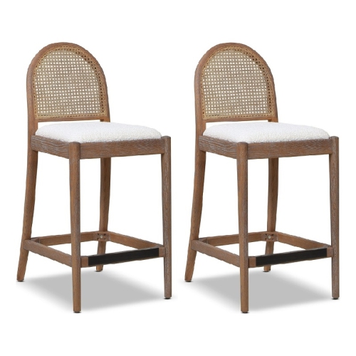 JENNIFER TAYLOR HOME Panama 26.5" Curved Back Cane Rattan Counter Stool Set Of 2 Ivory White Boucle