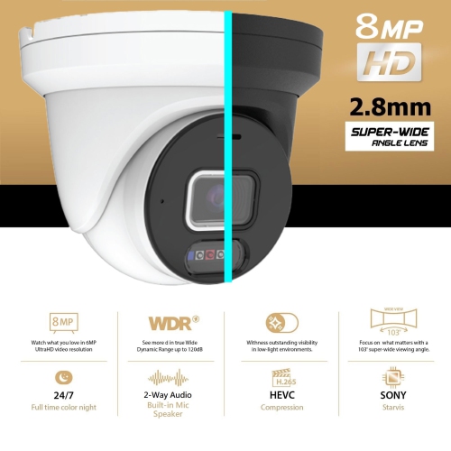 CTVISION Color Night Vision 8MP Wired Audio Security Camera System, 12 Camera Surveillance Outdoor 4TB HDD, Red & Blue Deterrence Siren for home