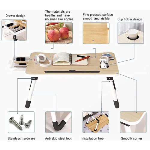 Laptop Bed Desk,Bed Table Portable Foldable Laptop Bed Tray Table with Cup Holder/Storage Drawer/Bookshelf Board for Bed /Couch /Sofa Working, Reading