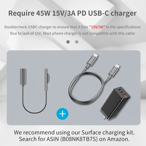 Surface Connect to USB-C Charging Cable Compatible for Microsoft Surface Pro7 Go2 Pro6 5/4/3 Laptop1/2/3 & Surface Book, Works with 45W 15V3A USBC