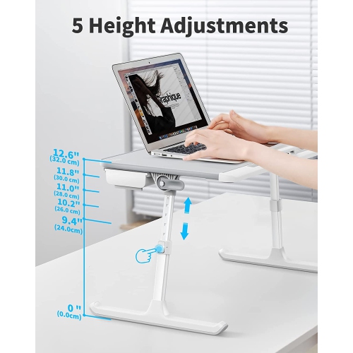 Laptop Bed Tray Desk, Portable Table Stand with Storage Drawer, Adjustable PVC Leather, Foldable Laptop Tray for Sofa Couch Floor, 23.6 x 12.6 x 1