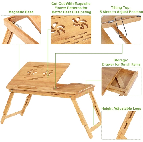 Bamboo Laptop Desk Serving Bed Tray Breakfast Table Tilting Top with Drawer ULLD001