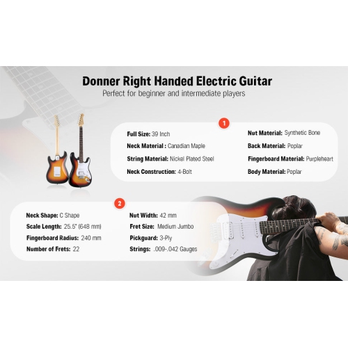 Donner DST-100 39 Inch ST Electric Guitar Kit with Amplifier Solid Body H-S-S Pickup - Right Handed