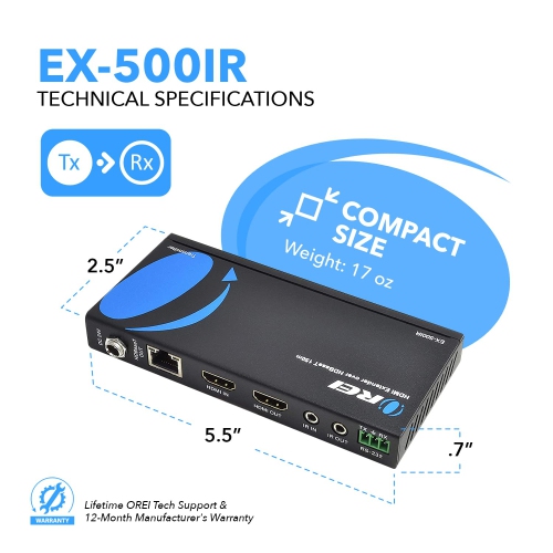 OREI HDMI Extender over Ethernet CAT5e/CAT6 Power Over Cable - HDBaseT - Zero Latency - 1080P Upto 500 Feet -IR Signal
