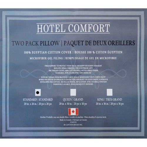 Cotton House - Set of Two Pillows, Microfiber Gel, 100% Egyptian Cotton Cover, Standard Size, Made in Canada