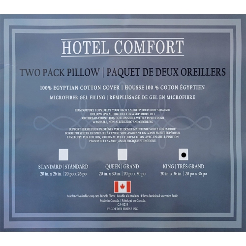Cotton House - Set of Two Pillows, Microfiber Gel, 100% Egyptian Cotton Cover, King Size, Made in Canada