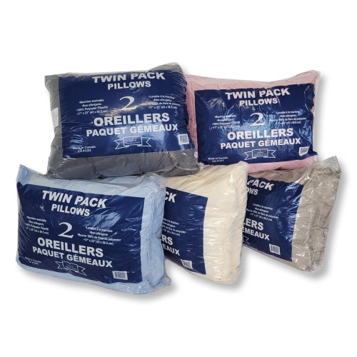 Cotton House - Set of Two Pillows 100% Polyester Fiber, Hypoallergenic, Random Colors, Made in Canada