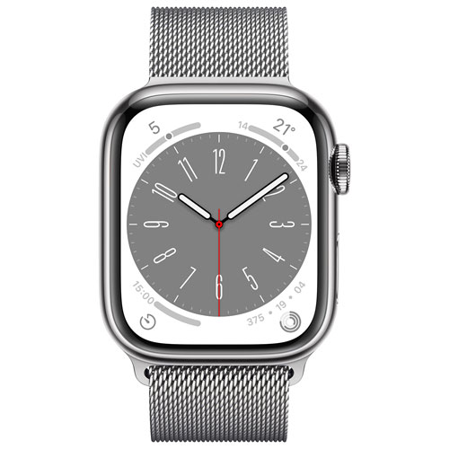 Apple Watch Series 8 41 mm en acier inoxydable argenté et bracelet milanais argenté de Rogers - P/M - Financement mensuel