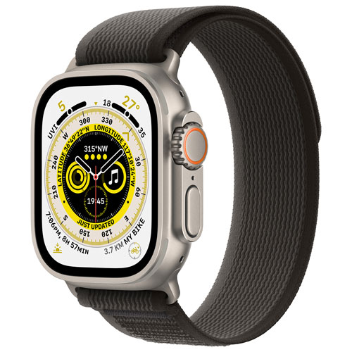 Apple Watch Ultra avec boîtier de 49 mm en titane et bracelet sentier noir/gris de TELUS - Moyen/Grand - Financement mensuel