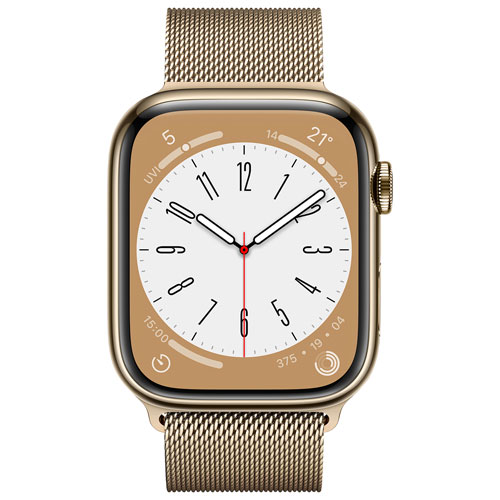Apple Watch Series 8 45 mm (GPS + Cell) en acier inoxydable doré et bracelet milanais doré de TELUS - M/G - Financement mensuel