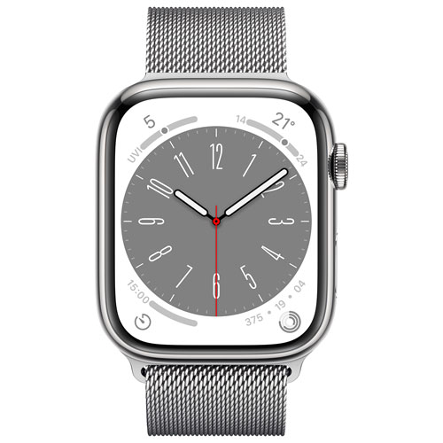 Apple Watch Series 8 45 mm en acier inoxydable argenté et bracelet milanais argenté de TELUS - M/G - Financement mensuel