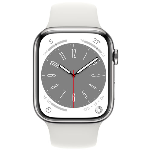TELUS Apple Watch Series 8 (GPS + Cellular) 45mm Silver Stainless Steel Case w/ White Sport Band - M/L - Monthly Financing