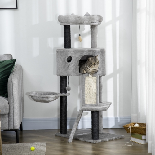 PawHut 47" Cat Tree for Indoor Cats, Kitty Activity Center, Cat Tower with Cat Ear Bed Ramp Condo Hammock Hanging Ball Toys Sisal Rope Scratching