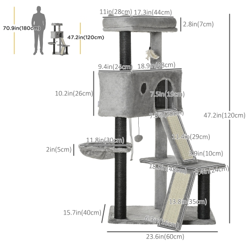 PawHut 47" Cat Tree for Indoor Cats, Kitty Activity Center, Cat Tower with Cat Ear Bed Ramp Condo Hammock Hanging Ball Toys Sisal Rope Scratching