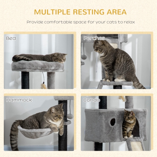 PawHut 47" Cat Tree for Indoor Cats, Kitty Activity Center, Cat Tower with Cat Ear Bed Ramp Condo Hammock Hanging Ball Toys Sisal Rope Scratching