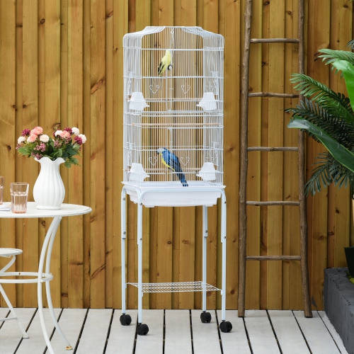 PawHut 62" Bird Cage for Finches, Canaries, Budgies, Parrot Cage with Accessories, Wheels, Detachable Stand, Storage, White