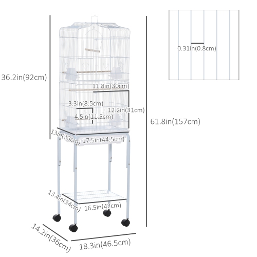PawHut 62" Bird Cage for Finches, Canaries, Budgies, Parrot Cage with Accessories, Wheels, Detachable Stand, Storage, White
