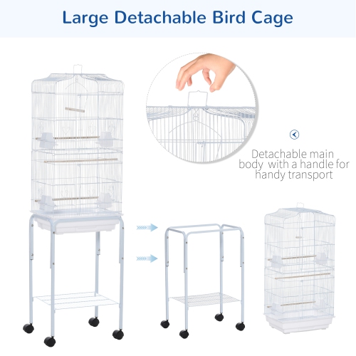 PawHut 62" Bird Cage for Finches, Canaries, Budgies, Parrot Cage with Accessories, Wheels, Detachable Stand, Storage, White