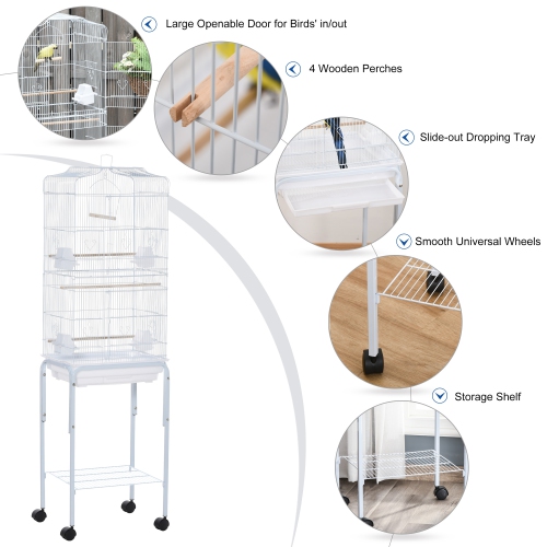 PawHut 62" Bird Cage for Finches, Canaries, Budgies, Parrot Cage with Accessories, Wheels, Detachable Stand, Storage, White