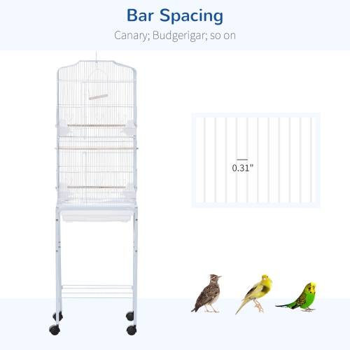 PawHut 62" Bird Cage for Finches, Canaries, Budgies, Parrot Cage with Accessories, Wheels, Detachable Stand, Storage, White