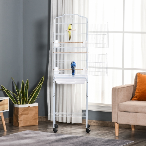 PawHut 62" Bird Cage for Finches, Canaries, Budgies, Parrot Cage with Accessories, Wheels, Detachable Stand, Storage, White