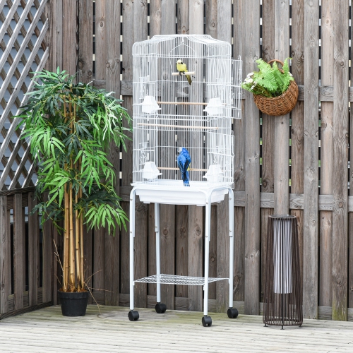 PawHut 62" Bird Cage for Finches, Canaries, Budgies, Parrot Cage with Accessories, Wheels, Detachable Stand, Storage, White