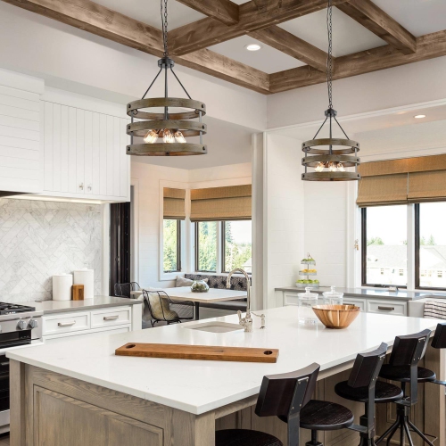 Farmhouse 5-Light Lantern Drum Wood Chandelier