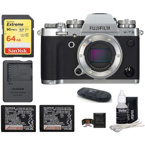 FUJIFILM X-T3 Mirrorless Digital Camera (Body Only, Silver) + 64GB Memory  Card + Extra Batteries + More