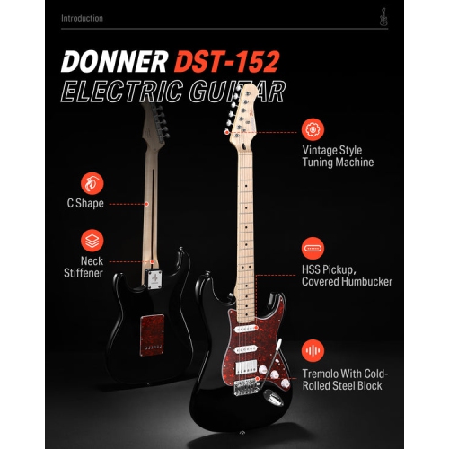 Donner DST-152 Full-Size ST Electric Guitar Kit with Amplifier 39-inch Coil Split HSS Pickup Beginner Set