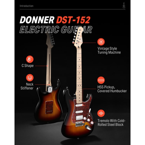 Donner DST-152 Full-Size ST Electric Guitar Kit with Amplifier 39-inch Coil Split HSS Pickup Beginner Set