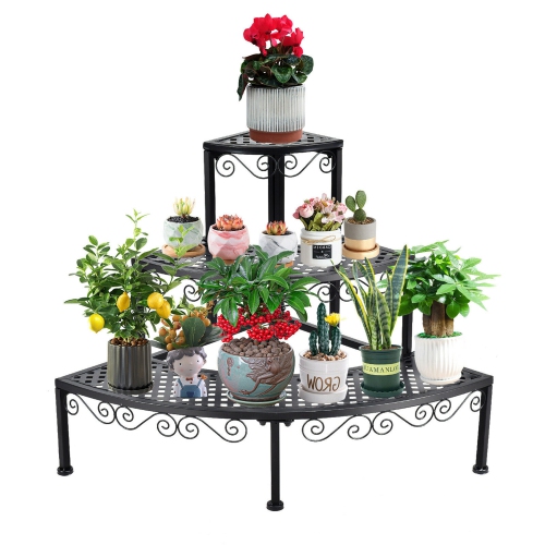 GYMAX  3 Tier Corner Metal Flower Pot Pots Rack Plant Shelf Display Stair Step Ladder