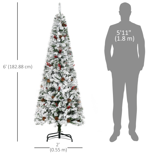 HOMCOM 6 FT Pencil Snow Flocked Artificial Christmas Tree with Pine Realistic Branches, Pine Cones, Red Berries, Auto Open, Green