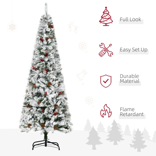 HOMCOM 6 FT Pencil Snow Flocked Artificial Christmas Tree with Pine Realistic Branches, Pine Cones, Red Berries, Auto Open, Green