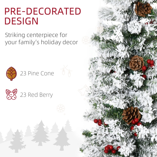 HOMCOM 6 FT Pencil Snow Flocked Artificial Christmas Tree with Pine Realistic Branches, Pine Cones, Red Berries, Auto Open, Green