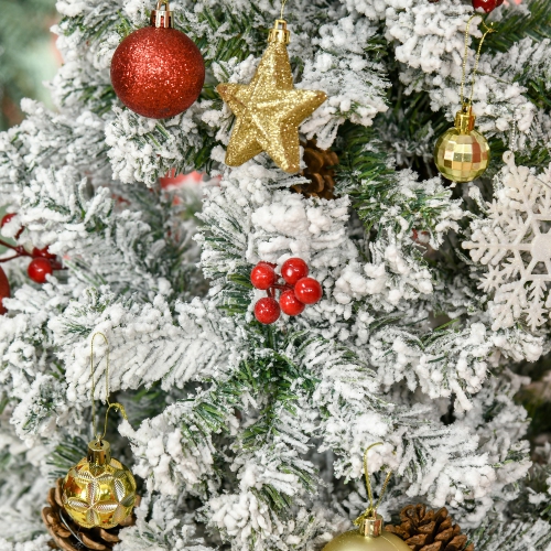 HOMCOM 6 FT Pencil Snow Flocked Artificial Christmas Tree with Pine Realistic Branches, Pine Cones, Red Berries, Auto Open, Green