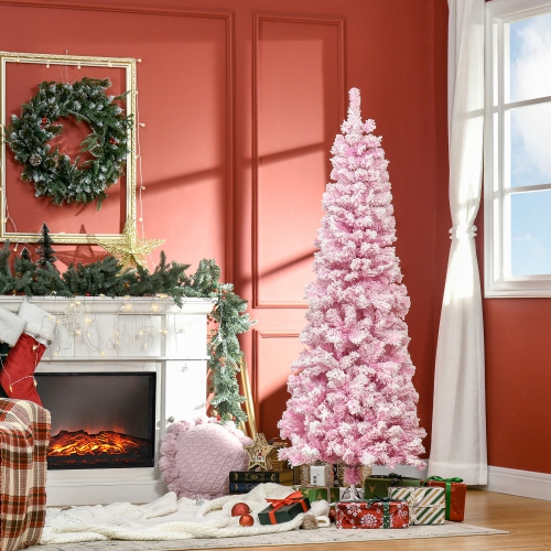 HOMCOM 6 FT Snow Flocked Artificial Christmas Tree, Pencil Xmas Tree with Realistic Branches, Auto Open and Steel Base, Pink