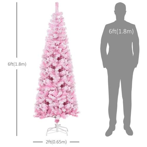 HOMCOM 6 FT Snow Flocked Artificial Christmas Tree, Pencil Xmas Tree with Realistic Branches, Auto Open and Steel Base, Pink