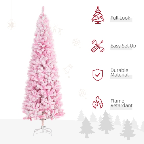 HOMCOM 6 FT Snow Flocked Artificial Christmas Tree, Pencil Xmas Tree with Realistic Branches, Auto Open and Steel Base, Pink