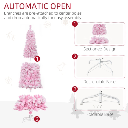HOMCOM 6 FT Snow Flocked Artificial Christmas Tree, Pencil Xmas Tree with Realistic Branches, Auto Open and Steel Base, Pink