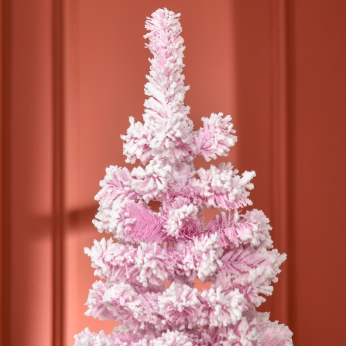 HOMCOM 6 FT Snow Flocked Artificial Christmas Tree, Pencil Xmas Tree with Realistic Branches, Auto Open and Steel Base, Pink