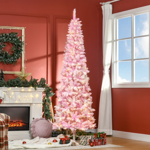 HOMCOM 7.5 Foot Prelit Snow Flocked Artificial Christmas Tree with Pencil Shape, Pine Realistic Branches, Warm White LED lights, Auto Open, Pink and