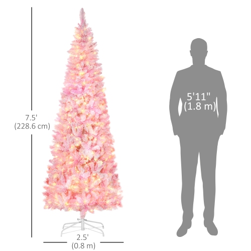 HOMCOM 7.5 Foot Prelit Snow Flocked Artificial Christmas Tree with Pencil Shape, Pine Realistic Branches, Warm White LED lights, Auto Open, Pink and
