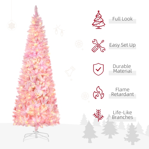 HOMCOM 7.5 Foot Prelit Snow Flocked Artificial Christmas Tree with Pencil Shape, Pine Realistic Branches, Warm White LED lights, Auto Open, Pink and