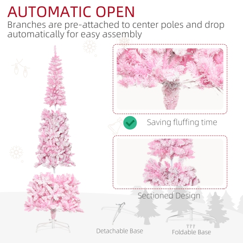 HOMCOM 7.5 Foot Prelit Snow Flocked Artificial Christmas Tree with Pencil Shape, Pine Realistic Branches, Warm White LED lights, Auto Open, Pink and