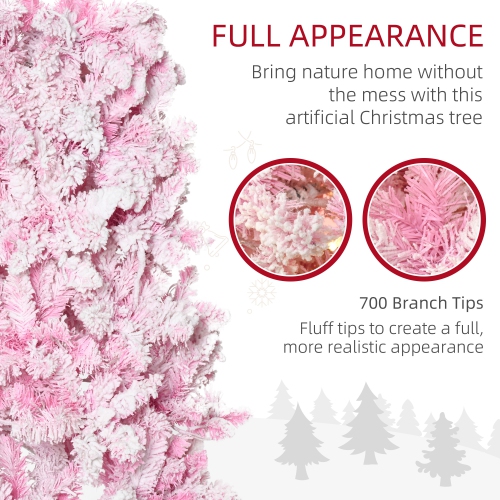 HOMCOM 7.5 Foot Prelit Snow Flocked Artificial Christmas Tree with Pencil Shape, Pine Realistic Branches, Warm White LED lights, Auto Open, Pink and