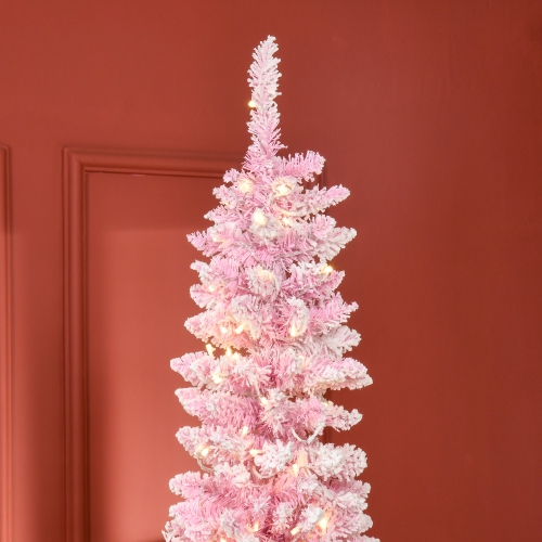 HOMCOM 7.5 Foot Prelit Snow Flocked Artificial Christmas Tree with Pencil Shape, Pine Realistic Branches, Warm White LED lights, Auto Open, Pink and