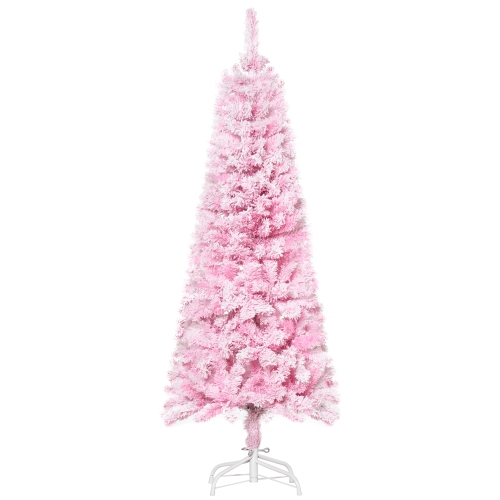 HOMCOM  5 Ft Snow Flocked Artificial Christmas Tree, Pencil Xmas Tree With Realistic Branches, Auto Open And Steel Base In Pink