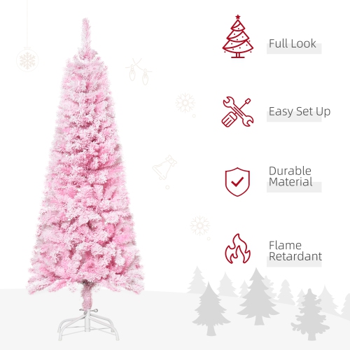HOMCOM 5 FT Snow Flocked Artificial Christmas Tree, Pencil Xmas Tree with Realistic Branches, Auto Open and Steel Base, Pink