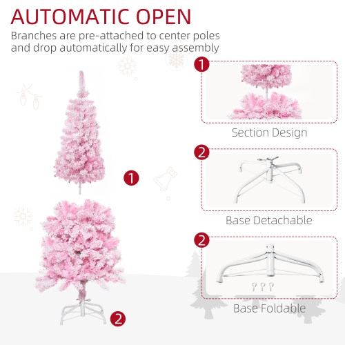HOMCOM 5 FT Snow Flocked Artificial Christmas Tree, Pencil Xmas Tree with Realistic Branches, Auto Open and Steel Base, Pink