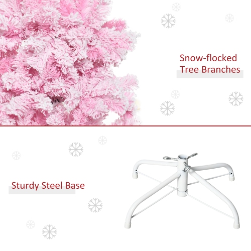 HOMCOM 5 FT Snow Flocked Artificial Christmas Tree, Pencil Xmas Tree with Realistic Branches, Auto Open and Steel Base, Pink